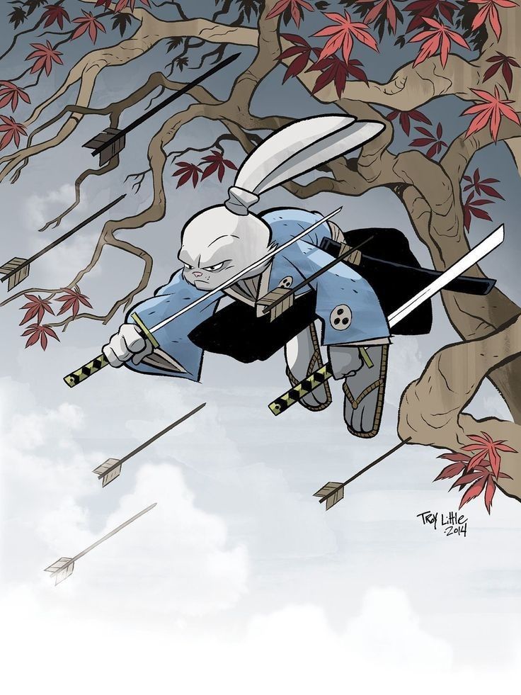 a cartoon illustration of a rabbit samurai jumping through the air, facing the viewer. it has a white, fluffy tail and large ears. the rabbit is dressed in traditional samurai garb and is holding two swords. the rabbit is surrounded by a background of  branches and leaves. there are several arrows flying in the air, showing that the rabbit is midbattle. the overall tone of the image is dynamic and energetic, showing the rabbit in a powerful and determined pose.  the art style is stylized and whimsical, but also grounded in realworld imagery.