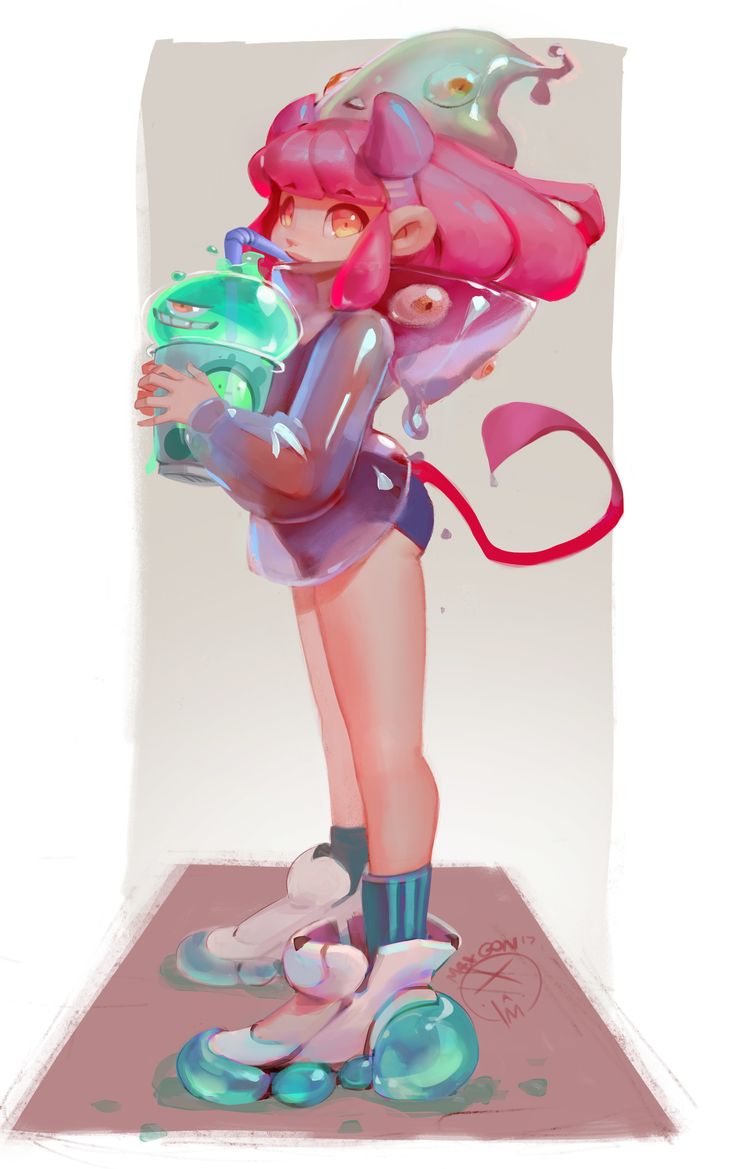 a digital illustration of a cute pink haired demon girl with slime for a hat and shoes. she has green horns and a red tail, and she is holding a green drink. the girl is standing on a pink and white background. the illustration is done in a cartoon style.