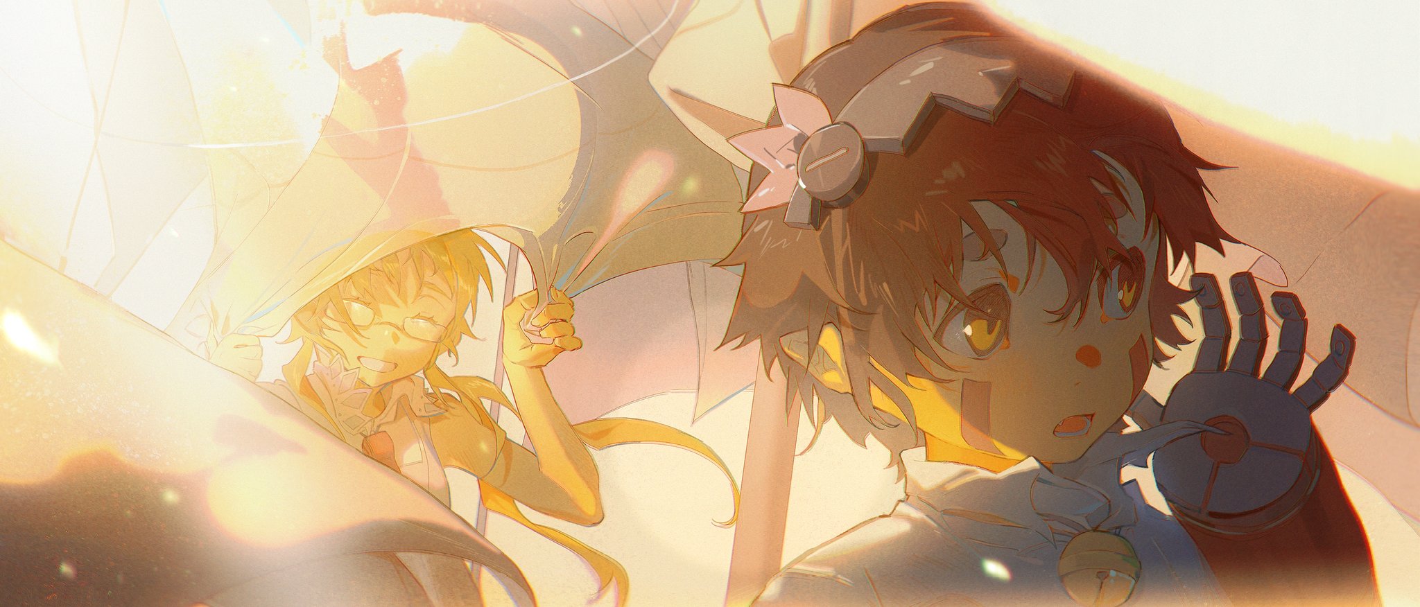two anime girls are shown in the image. one of them is smiling and wearing glasses and has long blonde hair. the other one has red hair and her right hand is a robot arm, and she is also smiling. the girls seem to be happy and cheerful. the image is bright and colorful, and the girls are surrounded by a futuristic and technological setting.
