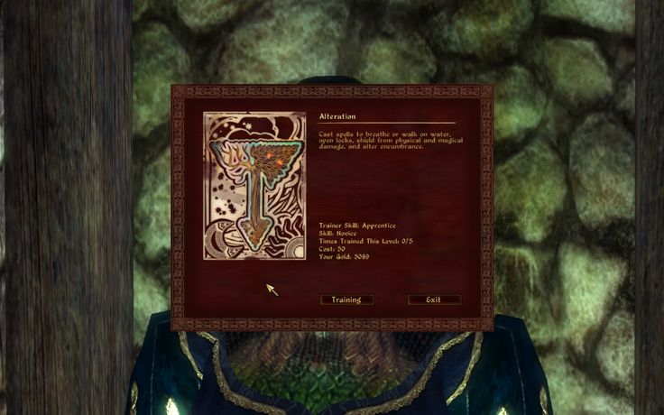 a screenshot from the video game the elder scrolls iv: oblivion showing the "alteration" skill menu. the image is a zoomed in view of the menu where the player is learning the skill. the skill icon is depicted in the center of the menu. the player's skill level, cost, and training information is shown on the right side of the screen.
