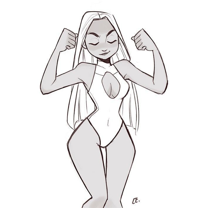 a black and white line art drawing of a woman in a onepiece swimsuit, standing with her arms raised and fists clenched, like she is flexing her muscles. she has long flowing hair, and her eyes are closed.