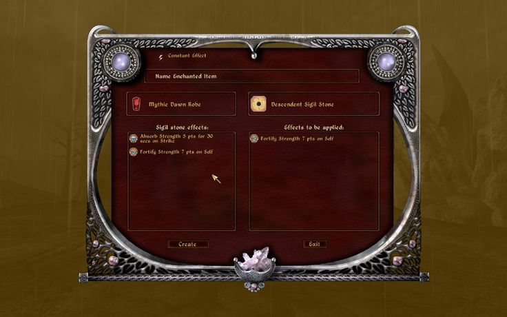 the image shows a video game menu screen. it is most likely from a role playing game. there is a frame around the menu and it shows the options for creating a "sigil stone" that can be enchanted with different effects. the game player is able to choose the type of sigil stone as well as the effects that will be attached to it.  the effects shown in the menu are "strength" and "fertility." the image has a dark red background and ornate silver frame.