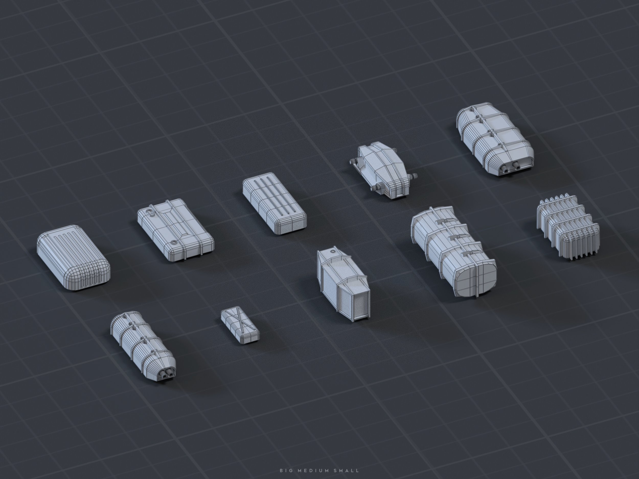 a 3d wireframe render showcases a collection of varioussized containers, ranging from small to large.  the containers are depicted in a lowpoly style, giving them a simplistic yet futuristic look.  they appear to be game assets, with a focus on design and functionality over highdetail modeling. the dark grey background accentuates the wireframe model and provides a clear view of the objects. the sizes are labelled as big, medium and small at the bottom.