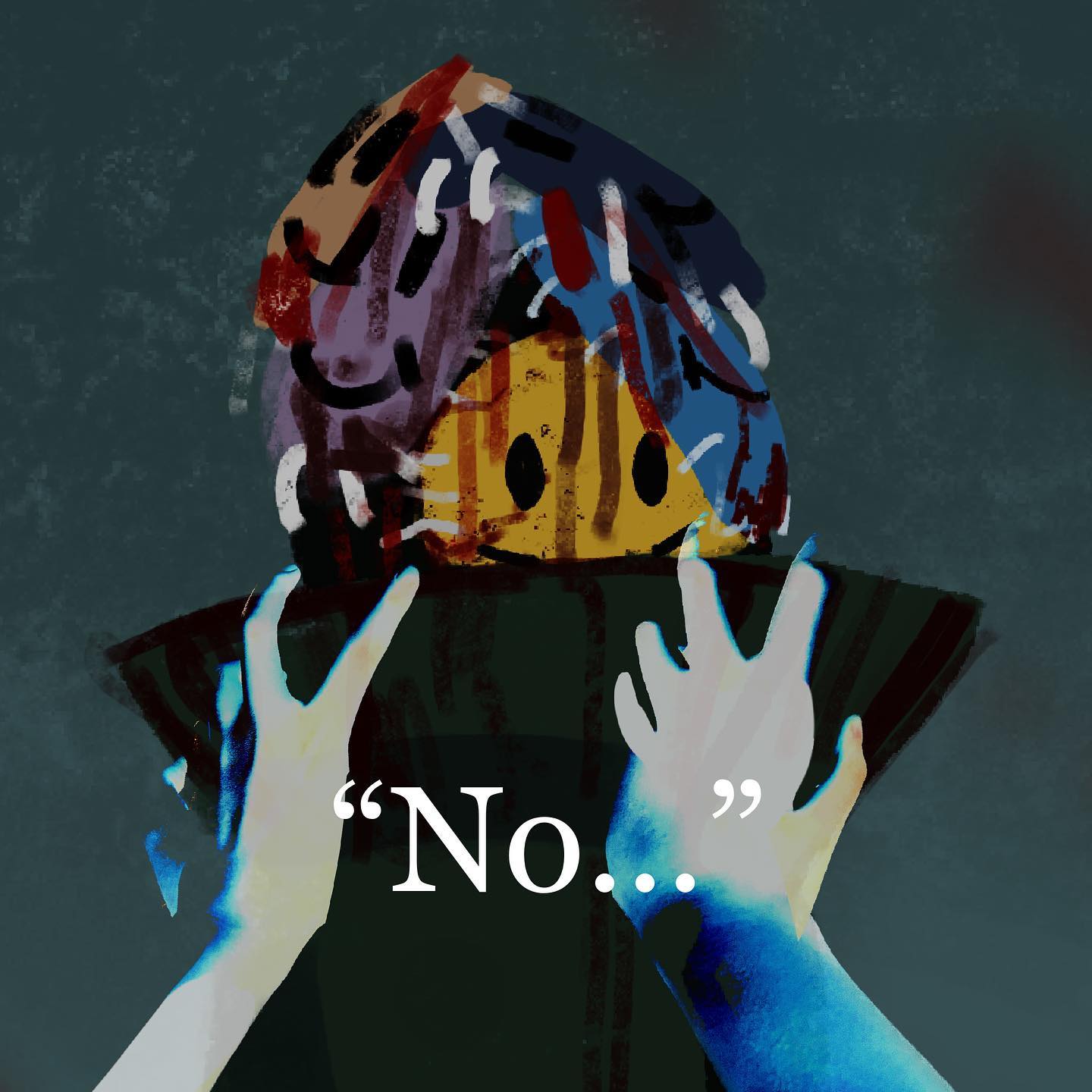 the image showcases an abstract figure with a brightly colored, almost chaotic head being pushed down by two white hands emerging from a dark form. the hands and the word "no..." convey a powerful message of rejection, control, or suppression, leaving a strong emotional impact on the viewer. the contrasting colors and the use of light and shadow intensify the dramatic effect of the scene.