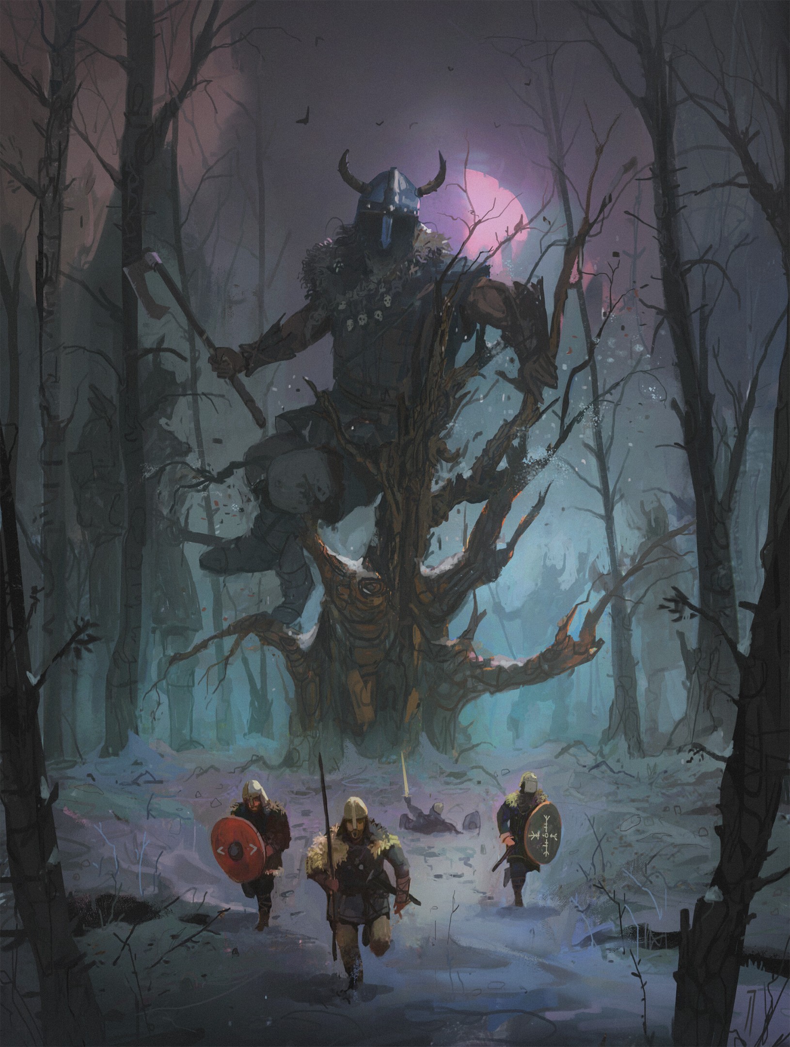 this is a dark fantasy painting of three viking warriors fleeing from a giant in a snowy forest at night. the warriors are armed with axes and shields, while the giant is much larger than them and holds an axe. the scene is lit by the moon, which is visible in the background, and the overall atmosphere is one of fear and suspense.