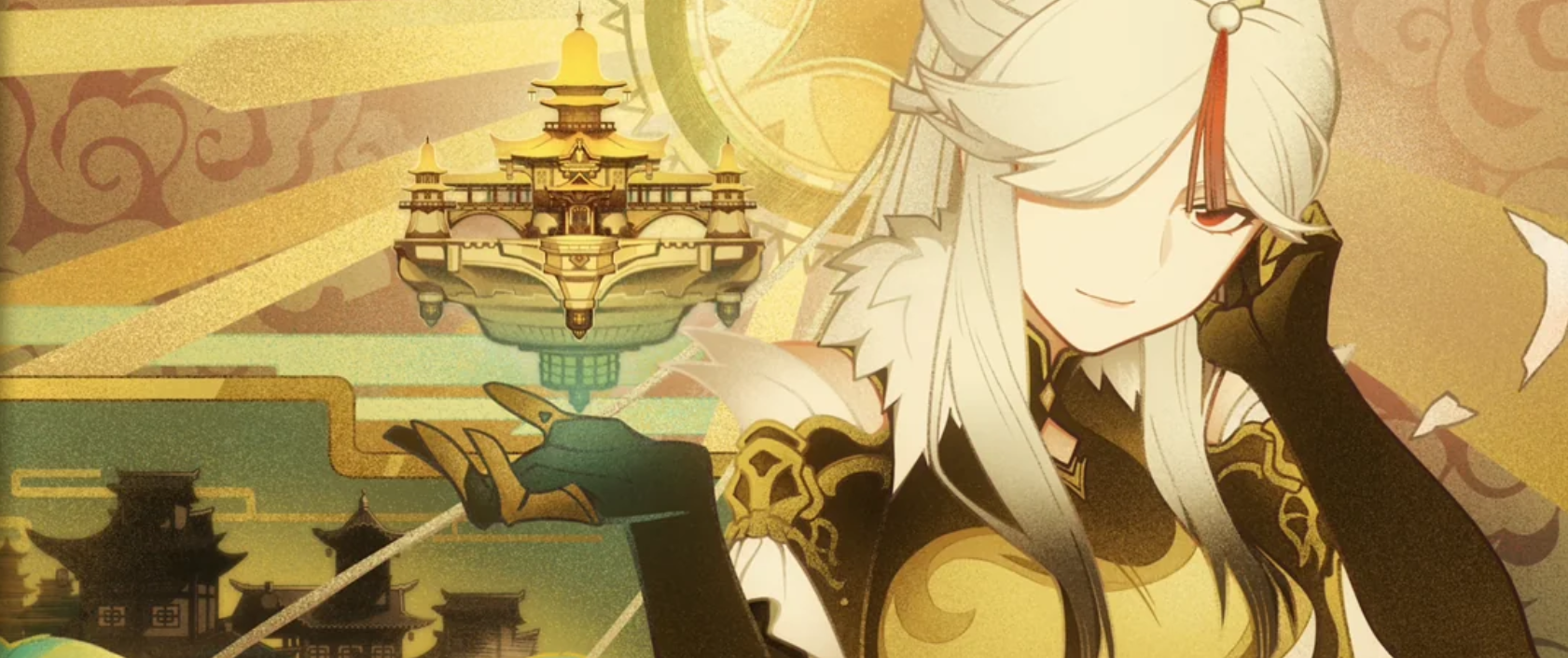 the image is a digital illustration of an animestyle character, a young woman with long white hair wearing a traditional chinese dress and holding a golden temple. she is standing in front of a background with gold and yellow tones depicting a fantasylike setting with floating clouds and structures. the overall style suggests a magical or mystical theme.