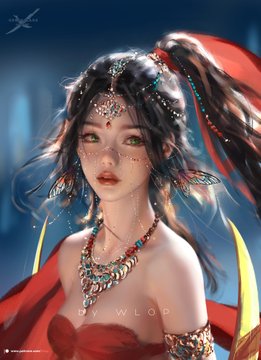 a closeup portrait of a young woman with intricate jewelry and a red dress. she has a long, dark ponytail with red ribbons and butterfly wings woven into her hair. her makeup features colorful accents around her eyes. the background is a soft, blurred nighttime scene with a hint of a city skyline. the overall aesthetic leans towards a fantasy art style.
