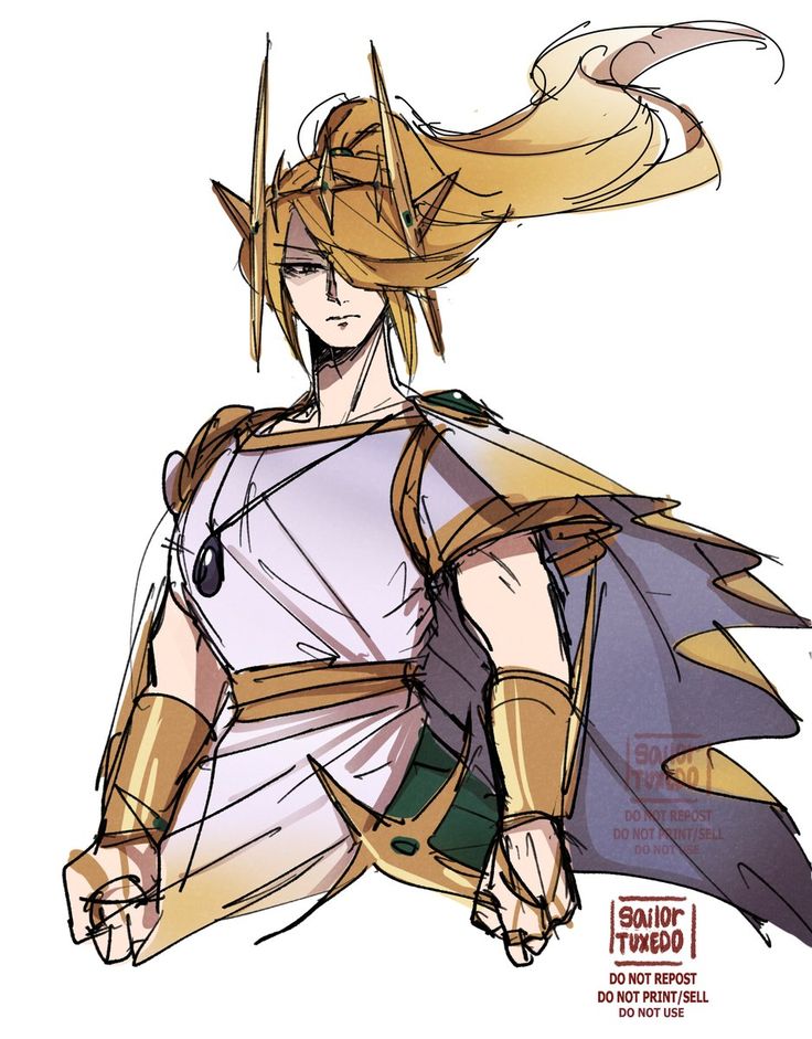 he image shows a digital painting of a male character in an anime/manga style. he has long blond hair tied up in a ponytail, adorned with gold accents. he's wearing a white tunic with gold armor accents and a cape. his expression is serious and he appears powerful. the style is a rough sketch, showing line art and some shading.  a watermark indicating "sailor tuxedo" and instructions against reposting, printing, and selling is present.