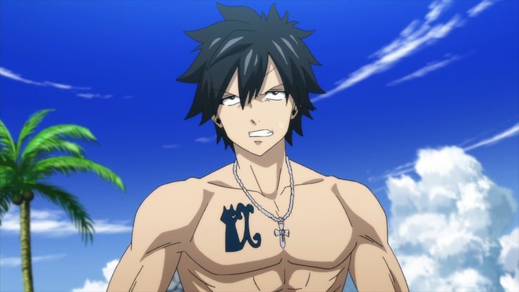 this is a digital illustration of gray fullbuster, a character from the anime series fairy tail. he is depicted as a young man, shirtless, with a muscular physique. he has black hair and gray eyes, with a prominent tattoo of a black cat on his chest. he is wearing a silver necklace with a cross pendant. the background is a blue sky with white clouds and a palm tree. gray is looking off to the side with a serious expression on his face. he appears to be in a relaxed mood, despite his stern countenance.