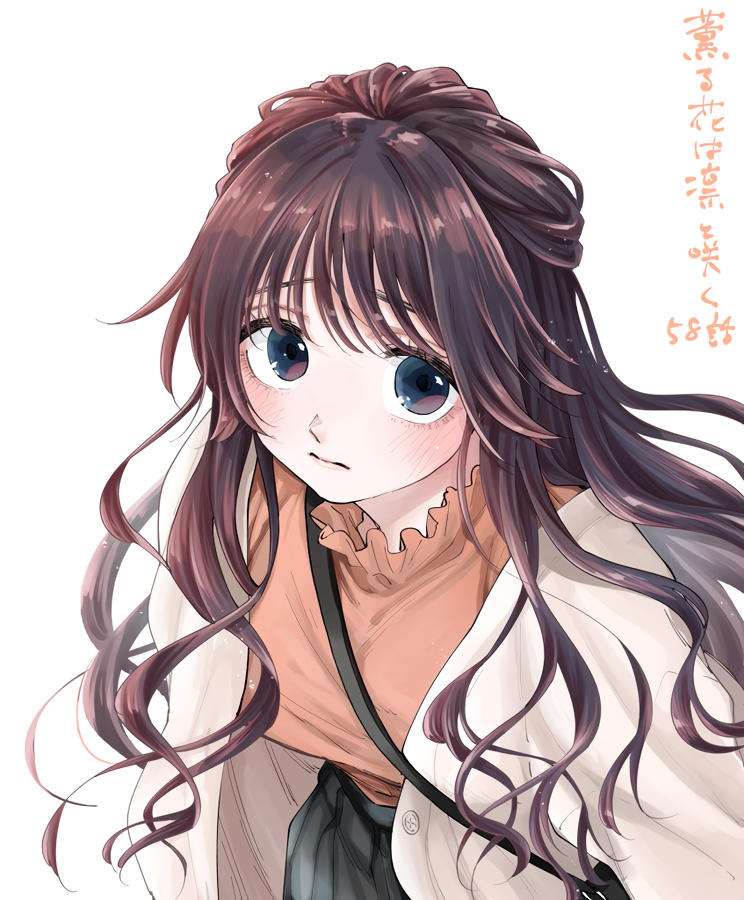 the image shows a closeup illustration of an animestyle girl. she has long, wavy brown hair with a slight parting and a few strands framing her face. her eyes are a striking blue, and her cheeks are softly blushed. she appears to be wearing a light beige or creamcolored jacket over a peach or light orange colored sweater or top, and what seems to be a darkcolored skirt or pants underneath.  her expression is gentle and somewhat shy, her gaze directed downward. the art style is soft and delicate, with a focus on subtle shading and texture. japanese text is present in the upper right corner.
