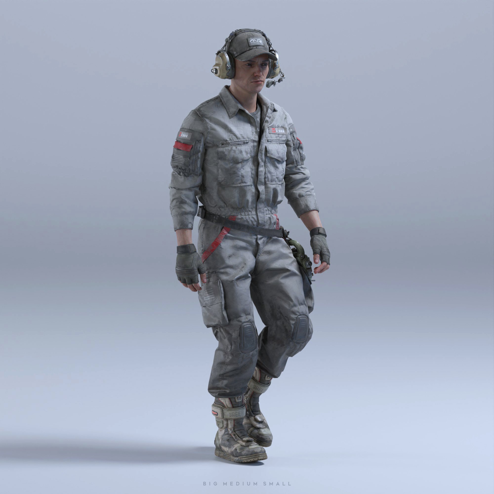 the image is a highquality 3d rendering of a male character dressed in a weathered, grey militarystyle jumpsuit.  the character is wearing a headset, cap, tactical gloves, and sturdy boots.  the outfit shows signs of wear and tear, suggesting a gritty or postapocalyptic setting. the character appears to be carrying small tools or weapons. the background is a simple, neutral studio backdrop, focusing attention on the detailed character model. the pose is relaxed but alert.  the overall aesthetic is realistic and detailed.
