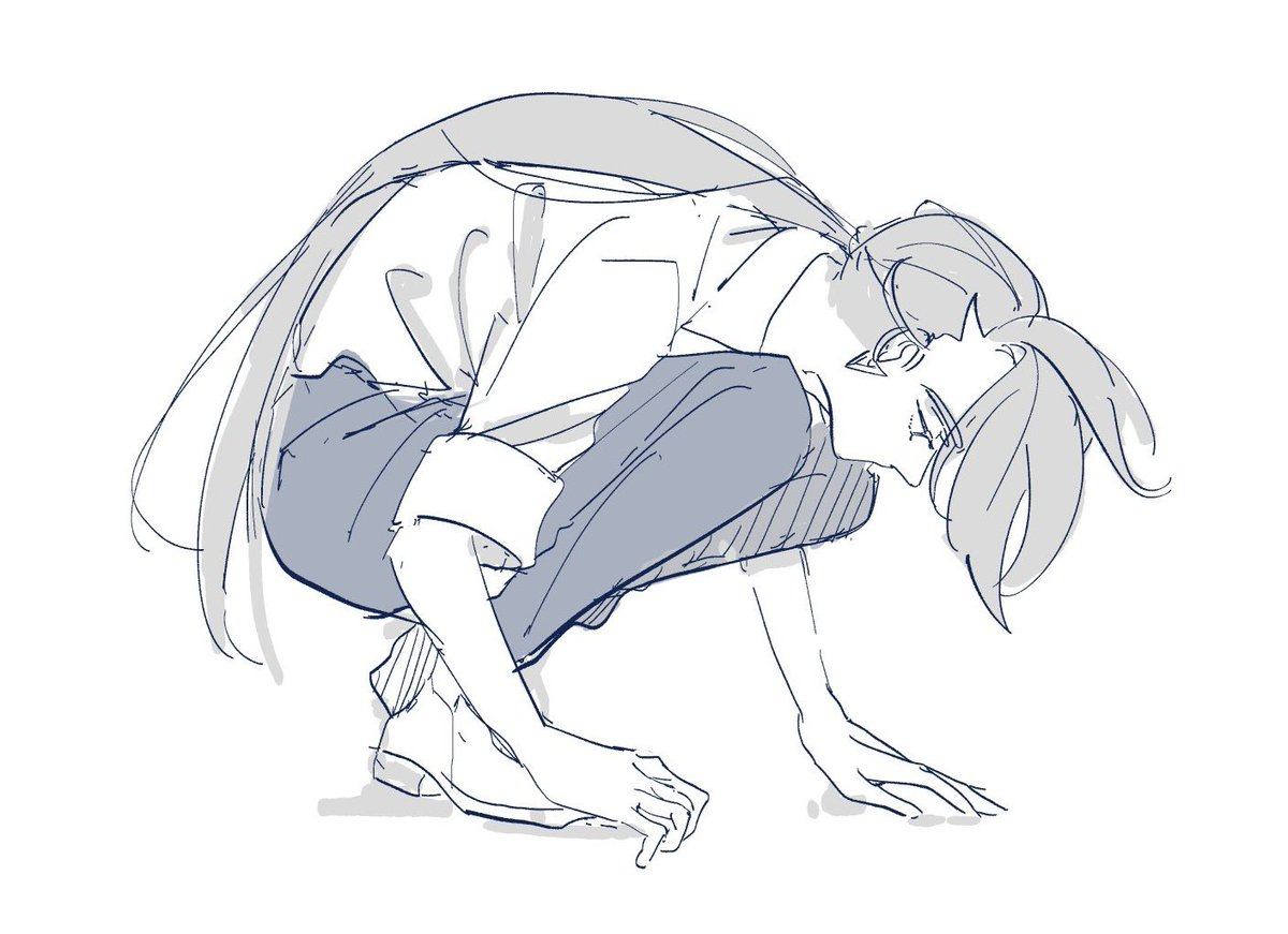 a sketch of a man with long hair, wearing pants and a loose shirt, crouched down low to the ground with his head bowed.  the drawing style is loose and expressive.