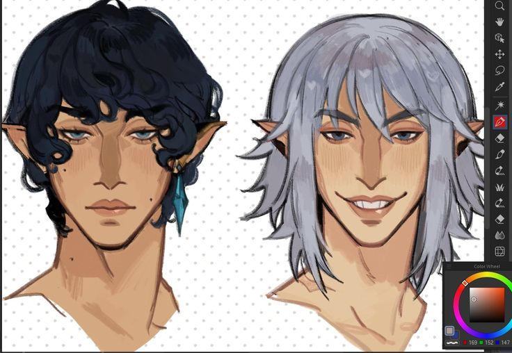 two digital illustrations of men with elven ears. one has black hair and the other has grey hair. they both have blue eyes. the image is cropped to show the upper bodies of the men, but the edges are blurred. the right side of the image shows a toolbar of digital art software, with a color wheel and other options visible.