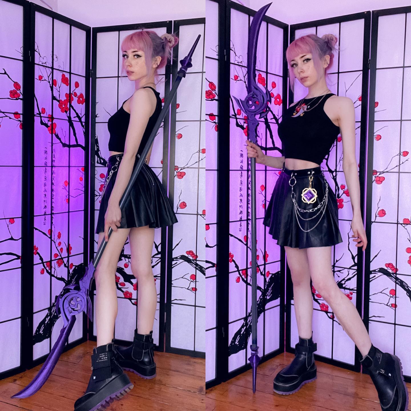 the image shows a young woman cosplaying, possibly an anime character. she's wearing a black tank top, a short black leather pleated skirt, and black platform boots.  her hair is pink and styled up. she's holding and posing with a large purple weapon resembling a spear or staff.  the background features a room divider with a japanesestyle floral design, lit with purple lighting, enhancing the dark aesthetic of the scene.  the overall style is dark, gothic, and alternative. the image is split into two almost identical halves.