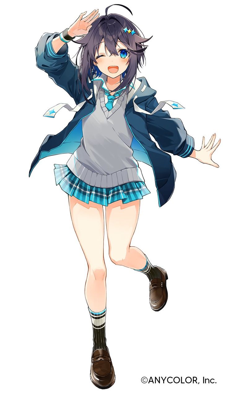 the image is a digital illustration of a young anime girl. she has long blue hair and blue eyes. she's wearing a school uniform that includes a white shirt with a blue tie, a blue jacket, and a plaid skirt. she's also wearing white socks and brown shoes. she is smiling and her eyes are closed. the background is white.