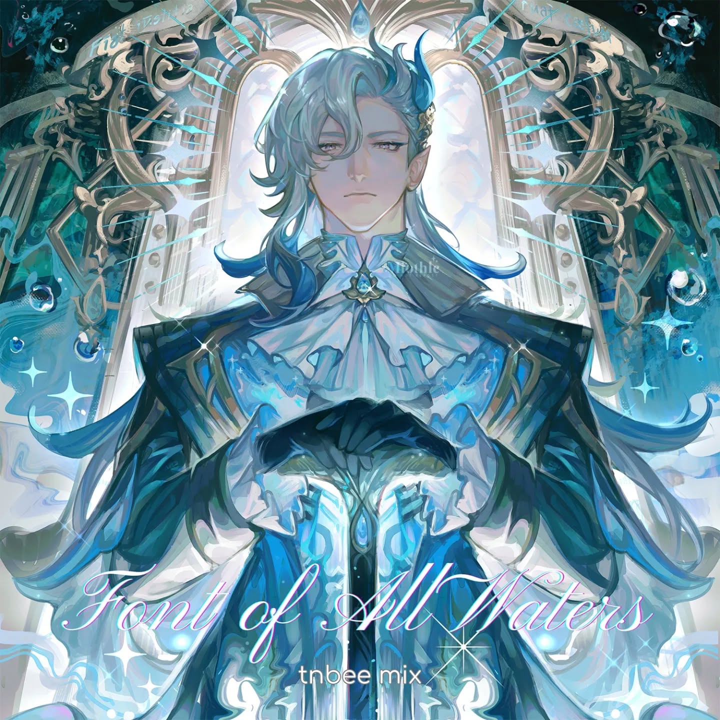 the image is a piece of digital fanart, likely depicting a character from the video game genshin impact, specifically from the fontaine region. the character is a male figure with long, flowing light blue hair, adorned with what appears to be a horn or similar headpiece. he wears an elaborate, ornate dark blue and light blue outfit reminiscent of  royal or noble attire. he's holding a sword or similar object at his waist. the background features a large, ornate, lightcolored frame or doorway and ethereal, watery effects, with sparkles and floating bubbles that evoke a sense of magic and water. the overall style is anime/mangainspired, with a soft, painterly quality to the colors and shading. the artist's signature, "tnbee mix," is visible at the bottom. the text "font of all waters" is overlaid on the image, possibly referencing the character's role or the artwork's title.