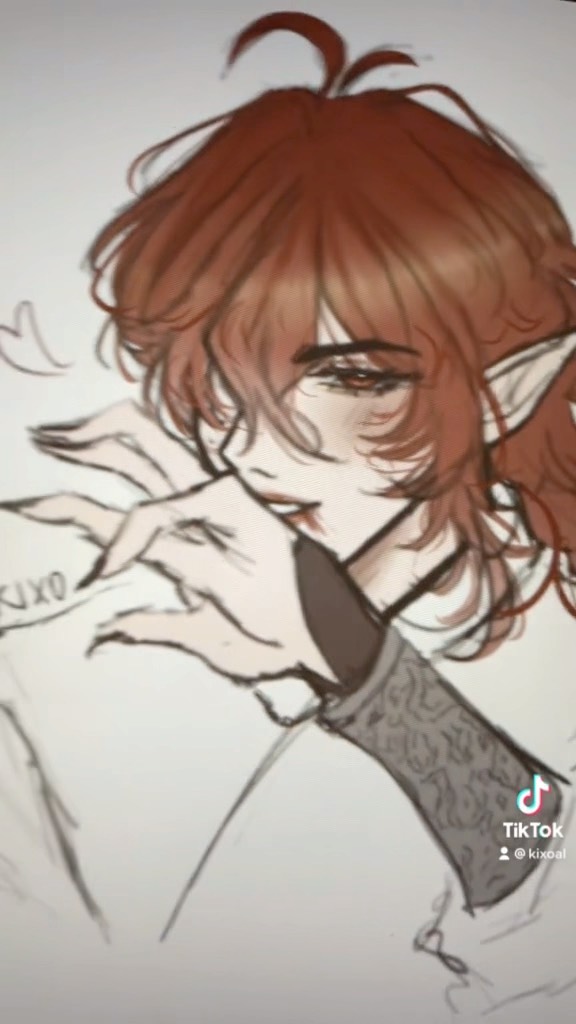 the image is a digital drawing or artwork depicting an animestyle male character.  he appears to be an elf, indicated by his pointed ears. he has long, reddishbrown hair, and his expression is one of shyness or contemplation, partially covering his mouth with his hand.  his clothing is subtly detailed, showing a textured collar or neckline. the art style is delicate and elegant, with a mix of sharp lines and soft shading. a tiktok watermark is present in the bottom right corner. the overall aesthetic is reminiscent of fanart or character design for an anime or manga series.