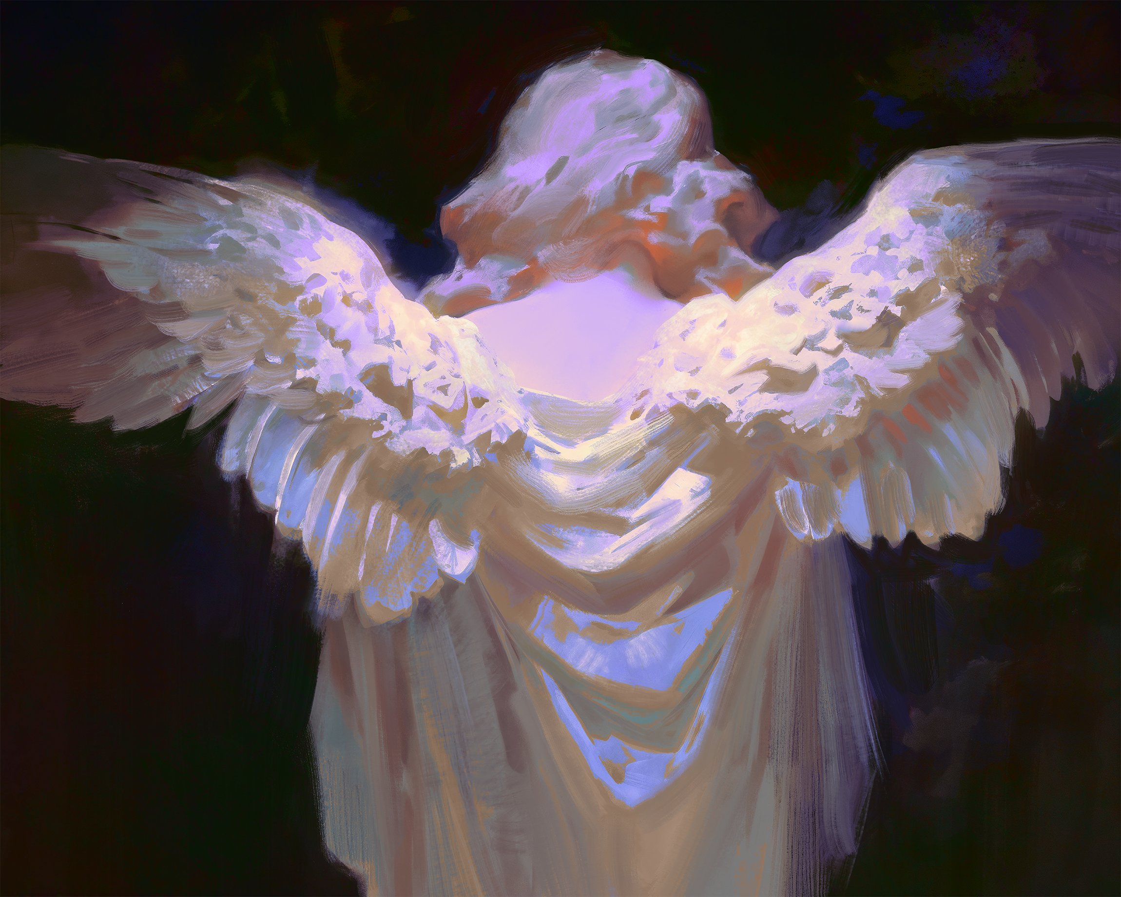 a painting of an angel with large, feathery wings. the angel is depicted as a white, ethereal being with a soft, delicate appearance. the wings are spread wide, and the light is emanating from them, casting a soft glow on the surrounding area. the background is dark and mysterious, adding to the ethereal atmosphere of the painting. the angel's face is not visible, creating a sense of mystery and intrigue. overall, the painting evokes a sense of peace, serenity, and spirituality.
