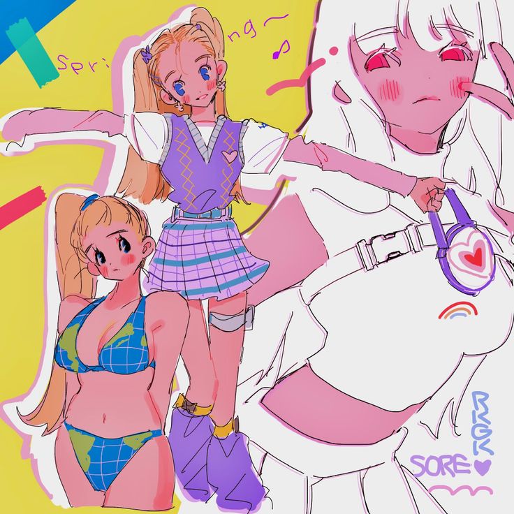 the illustration shows three anime girls standing together. the girl in the middle wears a white shirt with a purple belt with a heartshaped purse attached to it, a rainbow is below the purse. her hair is white and her eyes are red. she is standing on the right side of the image, her body facing to the left. the girl on the left is wearing a blue bikini with a green globe pattern. she has blonde hair and blue eyes. her body is facing forward. the girl on the right is wearing a purple sweater vest with a white shirt underneath. she is also wearing a purple plaid skirt. she has blonde hair with a pink hair clip and blue eyes. her body is facing to the left. the background is yellow with pink and blue geometric shapes. the text "spring" and "sore" are written on the image.  all the girls have an adorable anime style and are smiling.