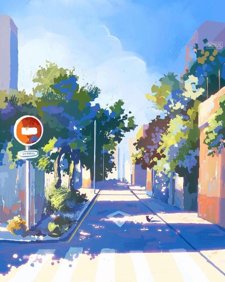 the image is a painting of a city street on a sunny day. the street is empty except for a cat in the distance. there are trees and buildings on either side of the street. the colors are bright and cheerful. the overall feeling of the image is one of peace and tranquility.