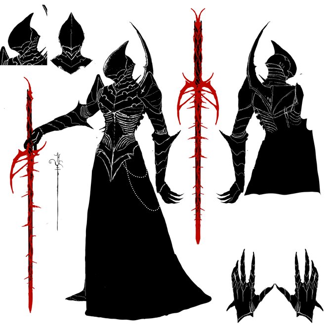 the image is a detailed character design sheet, likely for a video game or other dark fantasy project.  the central figure is a female character,  dressed in a long, black gown and elaborate, insectlike armor. the armor features sharp points and angular designs.  she wields a long, red spear with spiky protrusions. the sheet includes separate views of the armor (front, back),  her head/helmet, and her hands with clawed gauntlets.  the style is predominantly black and red, utilizing silhouettes to create a dramatic and imposing effect.  the design suggests a powerful and possibly menacing character.  an additional smaller, simpler spear design is present, possibly an early version or alternative weapon.