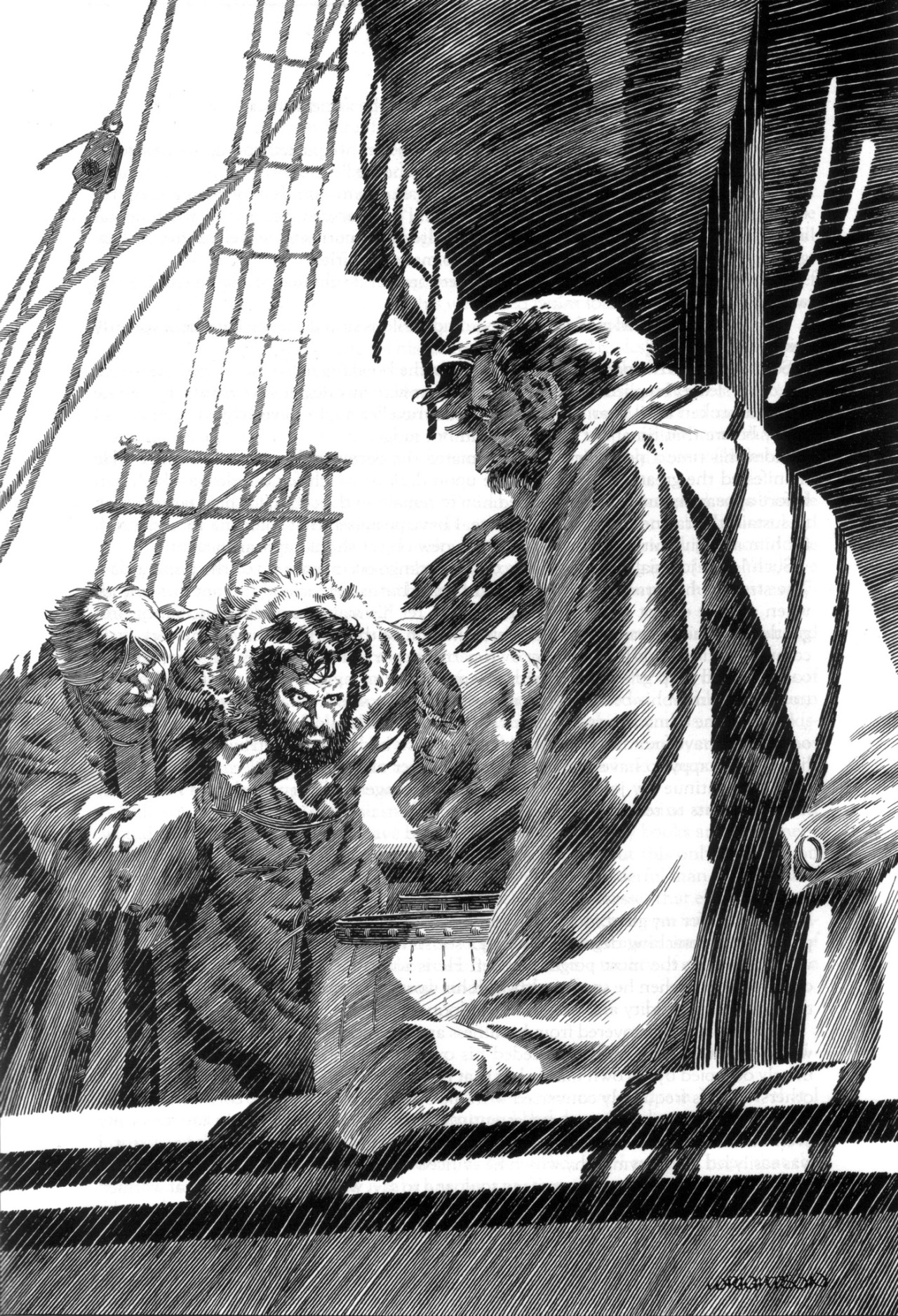 the illustration, rendered in stark black and white, depicts a tense scene on the deck of a ship, likely from the 18th century. the low angle perspective, looking up at the masts and sails, emphasizes the imposing figures of the men. three men are clustered together, one seemingly being held or supported by the others. their expressions are hidden in shadow, adding to the drama. standing apart, his back to the viewer, is a fourth man, his posture suggesting authority. the highcontrast lighting casts deep shadows, obscuring details and enhancing the sense of mystery and suspense.  this style of illustration is commonly seen in historical adventure stories, leaving the viewer to imagine the story unfolding.