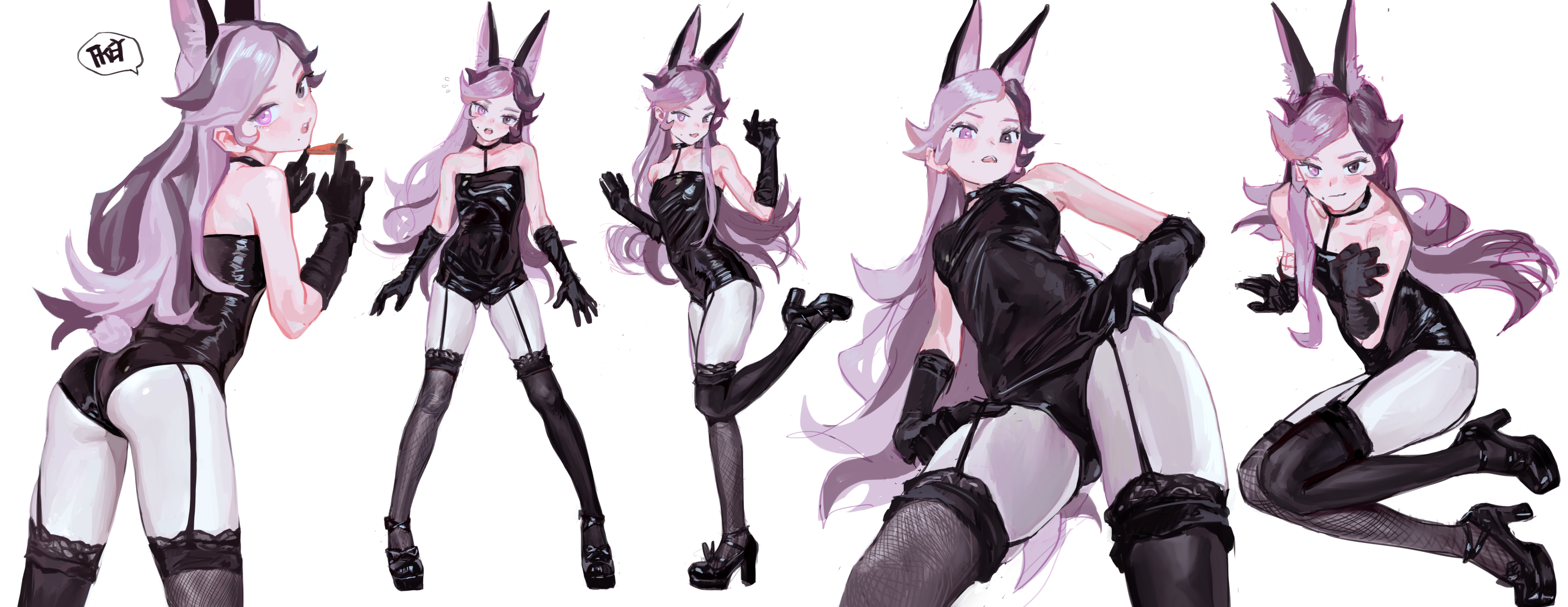 the image shows an animestyle character in a bunny girl outfit with various poses. the character has purple hair, bunny ears, and is wearing a black latex bodysuit, stockings, gloves, and high heels. one of the poses shows the character holding a carrot. the background is plain white.