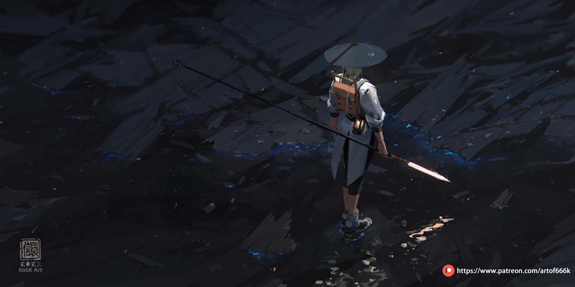 the digital painting showcases a female character, seemingly a warrior or adventurer, standing in a dark, watery environment. she's clad in traditional, asianinspired clothing, a widebrimmed hat atop her head, and carries a long spear.  the background is dark and textured, with hints of blue glowing water.  the overall atmosphere is mysterious and moody. the artist's signature, "666k art," is visible in the bottom left corner. a patreon link is included in the bottom right corner.