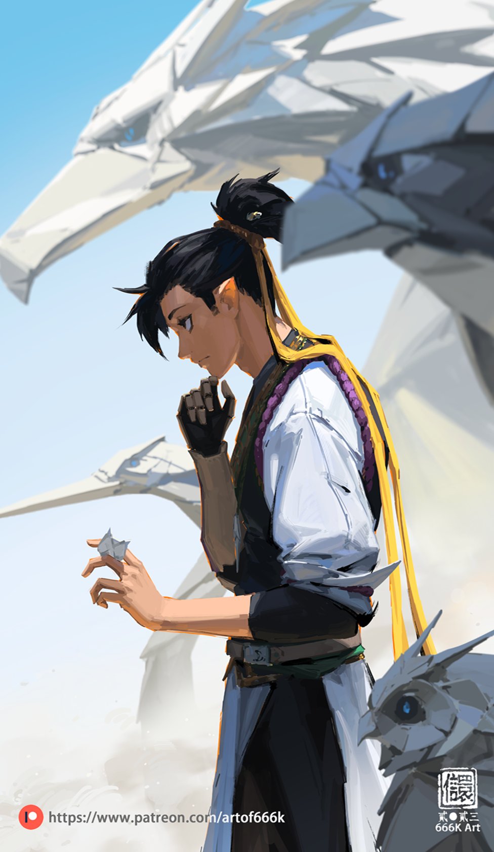 he digital painting showcases a young, contemplative asian man dressed in a flowing white robe adorned with yellow and purple accents. his dark hair is styled in a high ponytail. he holds a small, folded piece of paper in his hand, his expression thoughtful and serene.  the backdrop features two large, mechanical, birdlike creatures, rendered in shades of white and gray, lending a futuristic fantasy aesthetic to the scene. the background suggests a hazy, peaceful landscape under a bright blue sky. the overall style is reminiscent of anime or manga, with a soft, painterly digital technique.  the artist's signature and patreon link are visible in the lower corners.