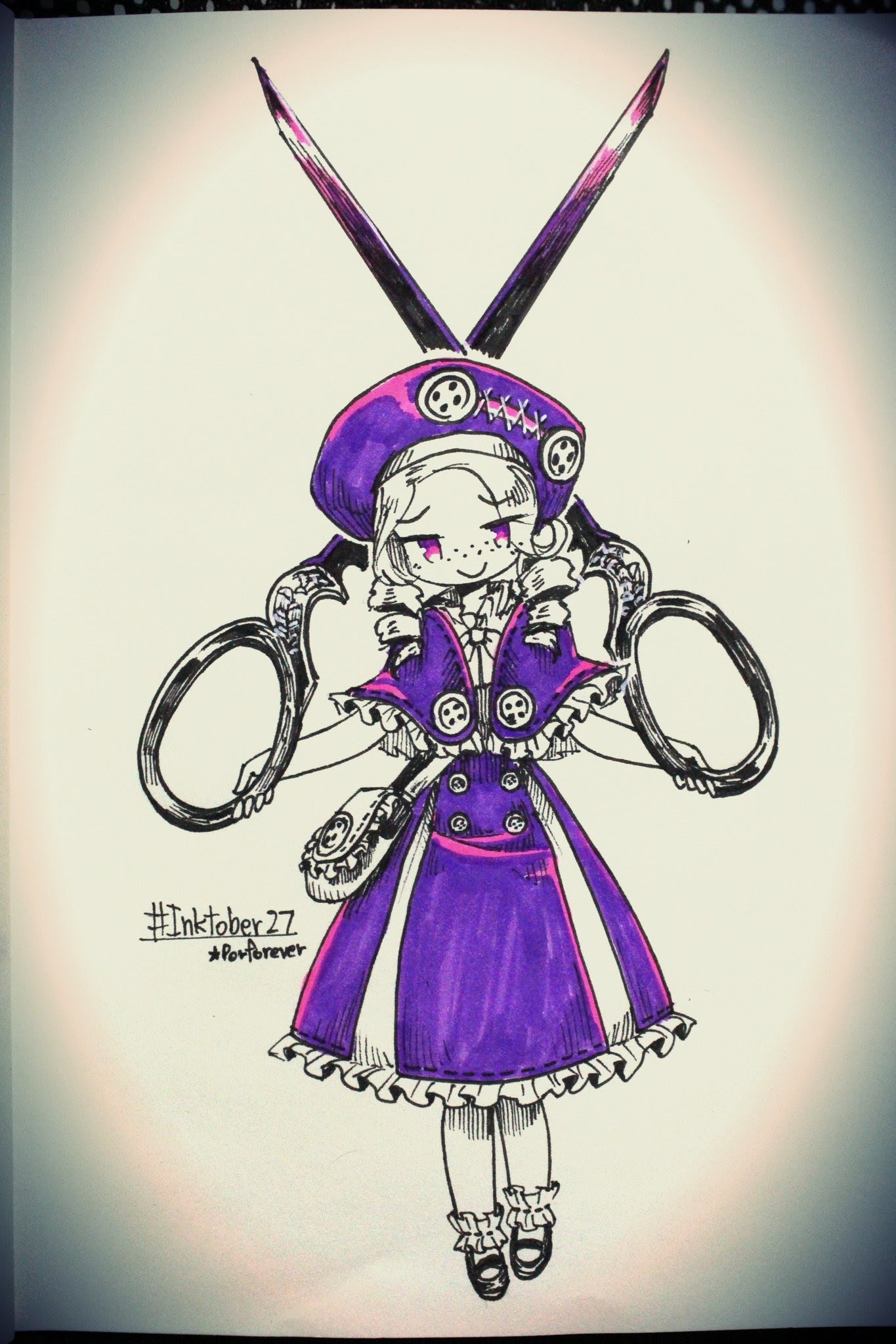 a digital art illustration of a cute anime girl in a purple dress and hat, holding a pair of scissors. she's smiling and looking at the viewer. the image is labeled as "inktober 27" and "pawsforever". the style of the drawing is typical of anime and manga.  the artwork is very detailed and full of color.