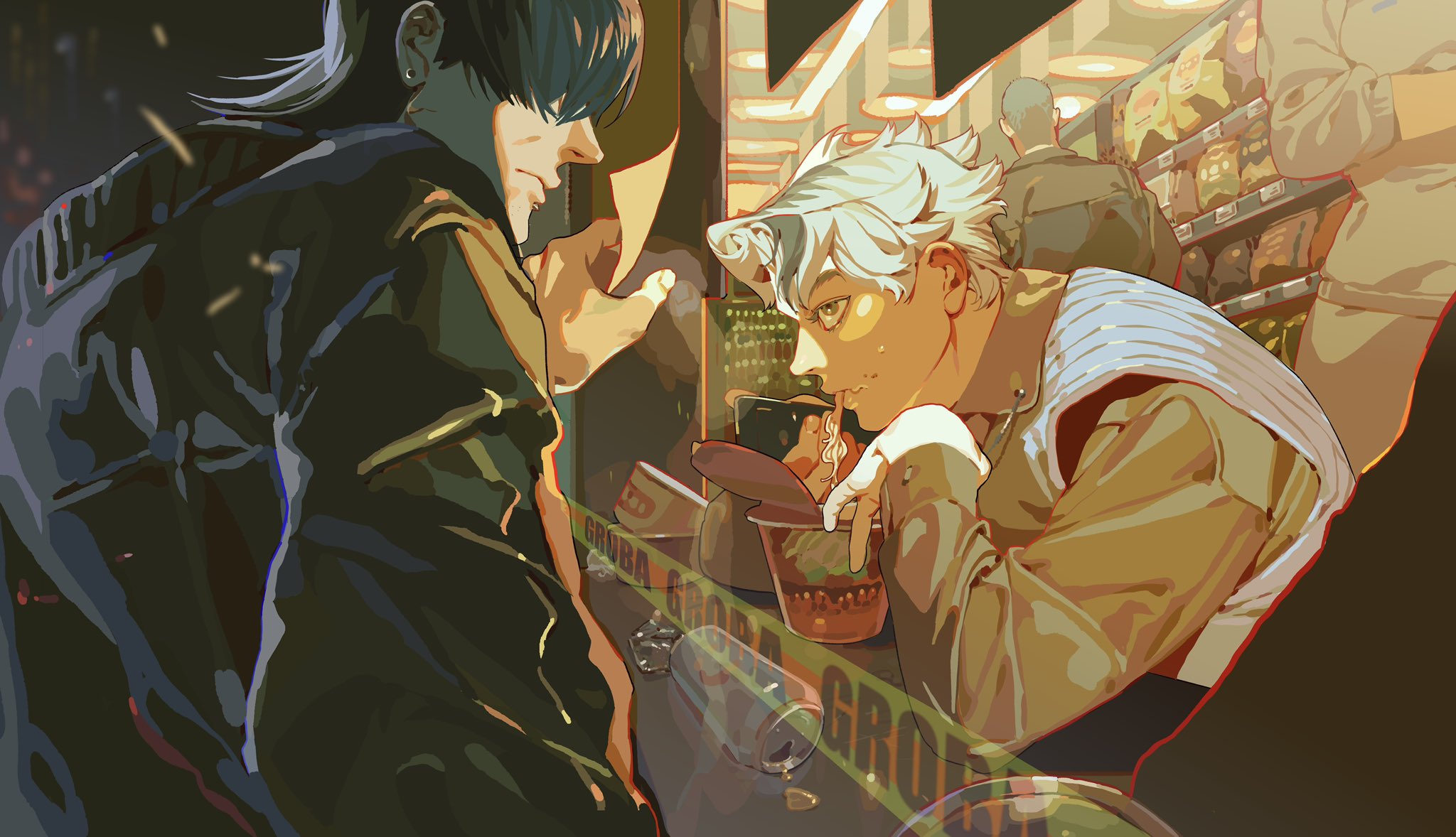 two animestyle characters, one with dark hair and the other with white hair, are seen indoors at a convenience store. the whitehaired character is eating ramen, surrounded by overturned cans and spills, with police tape in the foreground. groceries are visible on shelves behind them, and a few other people are present in the background. the scene is lit with a warm, yellow tone.
