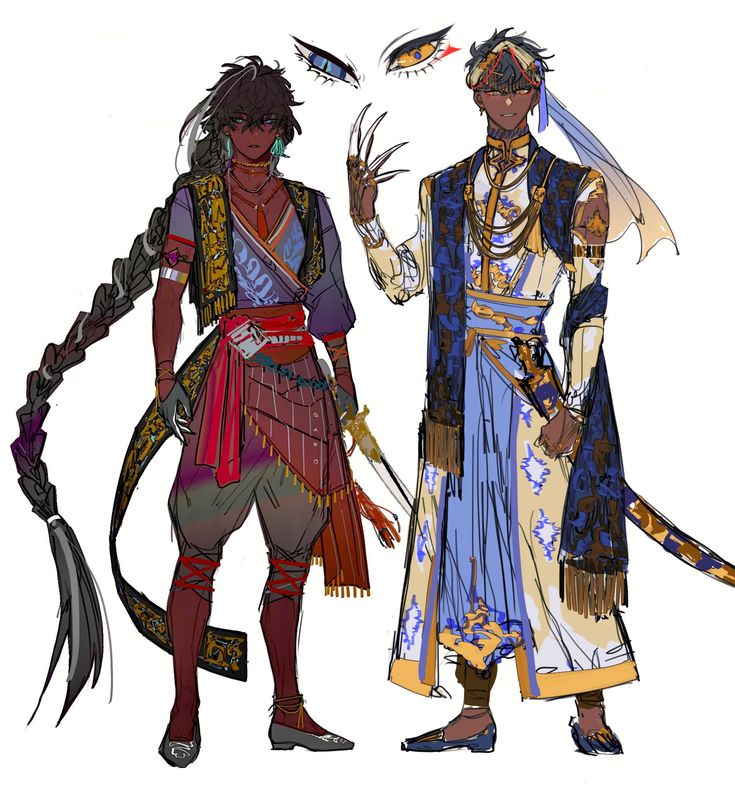 the image showcases digital concept art of two male characters, seemingly from a fantasy setting.  both are dressed in elaborate, detailed clothing evocative of middle eastern or arabian styles.  the character on the left has long, braided dark hair, a dark skin tone, and wears a layered ensemble of vibrant reds, golds, and purples with intricate detailing.  he carries a dagger. the character on the right has shorter hair, is also darkskinned, and wears a lighter, flowing blue and gold outfit, with a turban and ornate jewelry. he holds a sword. both figures exhibit sharp features and stylized proportions. the art style is painterly, blending color and line effectively.  above them are stylized eyes, potentially suggestive of magical or mystical elements within the narrative context.