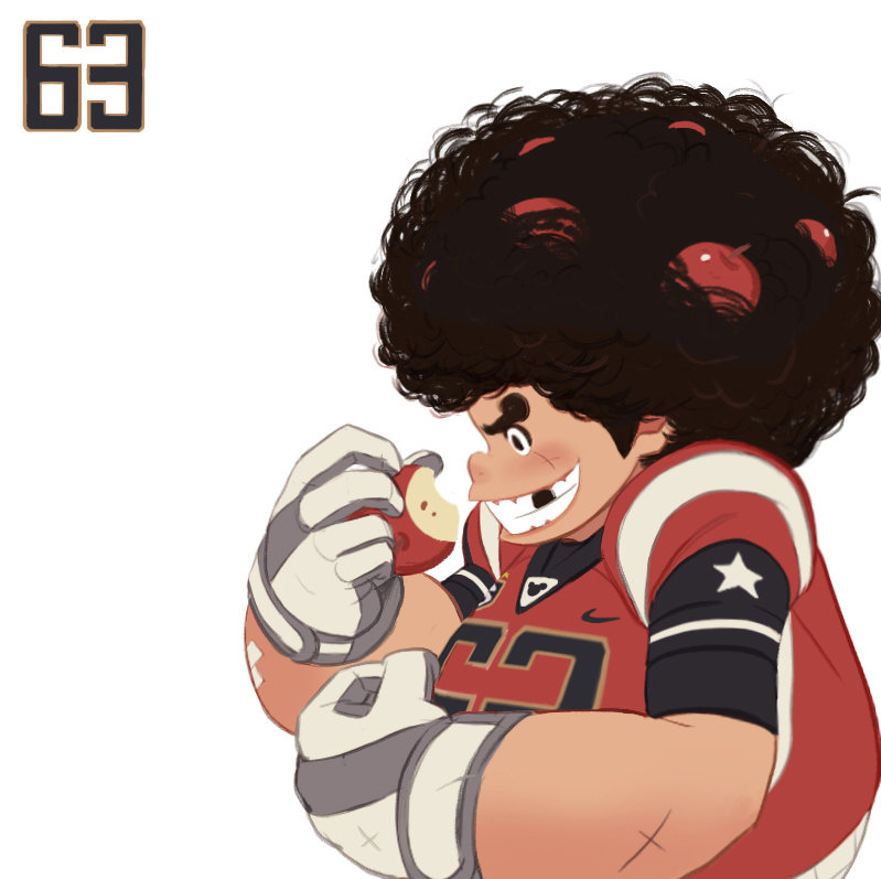 a cartoon drawing of a male football player with a giant afro, wearing a red and white uniform.  he is smiling and about to take a bite out of a red apple.  the number 63 is visible on his jersey and a matching logo is in the top left corner.