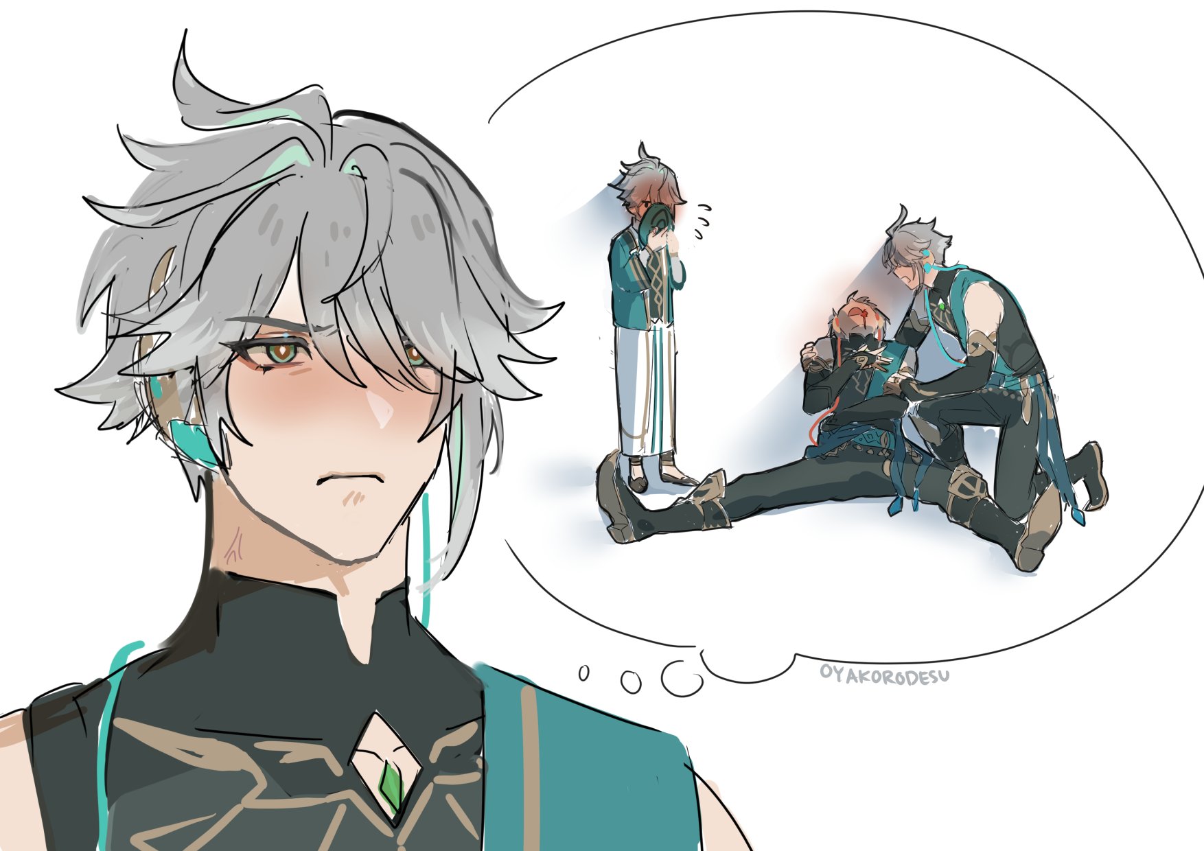 the image depicts a male anime character with white hair and green eyes, dressed in a black and green outfit, with a green headband, staring at the viewer. he has a thought bubble above his head showing three other anime characters.  one is a young boy with green hair, wearing white and green clothes, with his hands over his face, crying. he stands in the background, in front of a character with white hair who is holding another character down.  this character is wearing a green and black outfit, with black hair and red eyes. he seems to be struggling against being held down. the character with white hair has a stern expression, his hand around the other's throat.  the character with white hair in the foreground has a thoughtful, concerned expression, with a light blush on his cheeks.