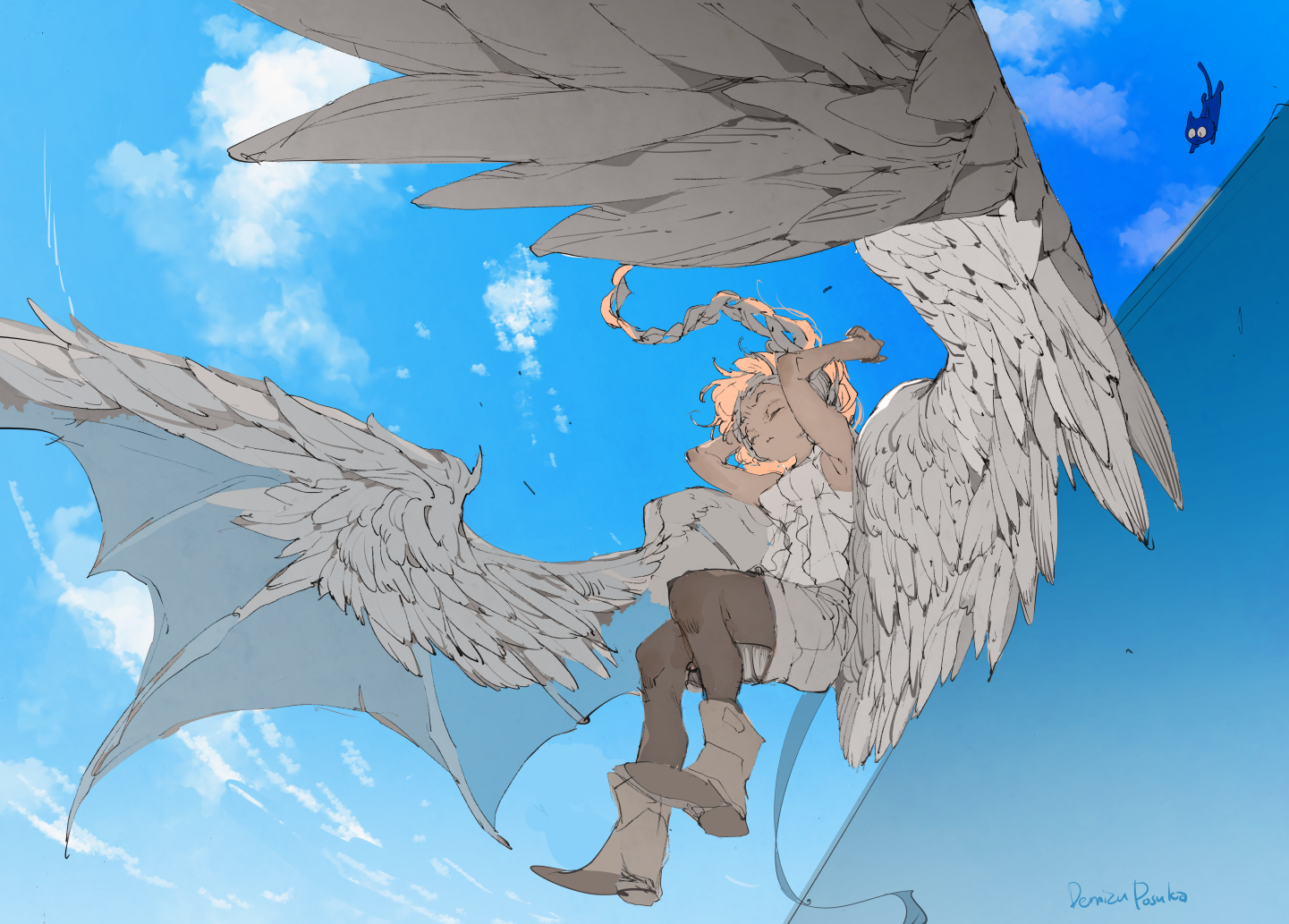 the image is a digital illustration of an animestyle girl with large, feathered wings that have both angel and demon aspects.  she appears to be floating or falling through a bright blue sky with fluffy white clouds.  the girl has blonde hair in a braid and is wearing a lightcolored dress and boots. her expression is serene, and she seems relaxed, perhaps sleeping or dreaming. the perspective is from below, looking up at her.  a small, dark creature is visible in the upper right corner. the art style is light and airy, with a focus on soft colors and lines. the artist's signature is faintly visible in the lower right corner.