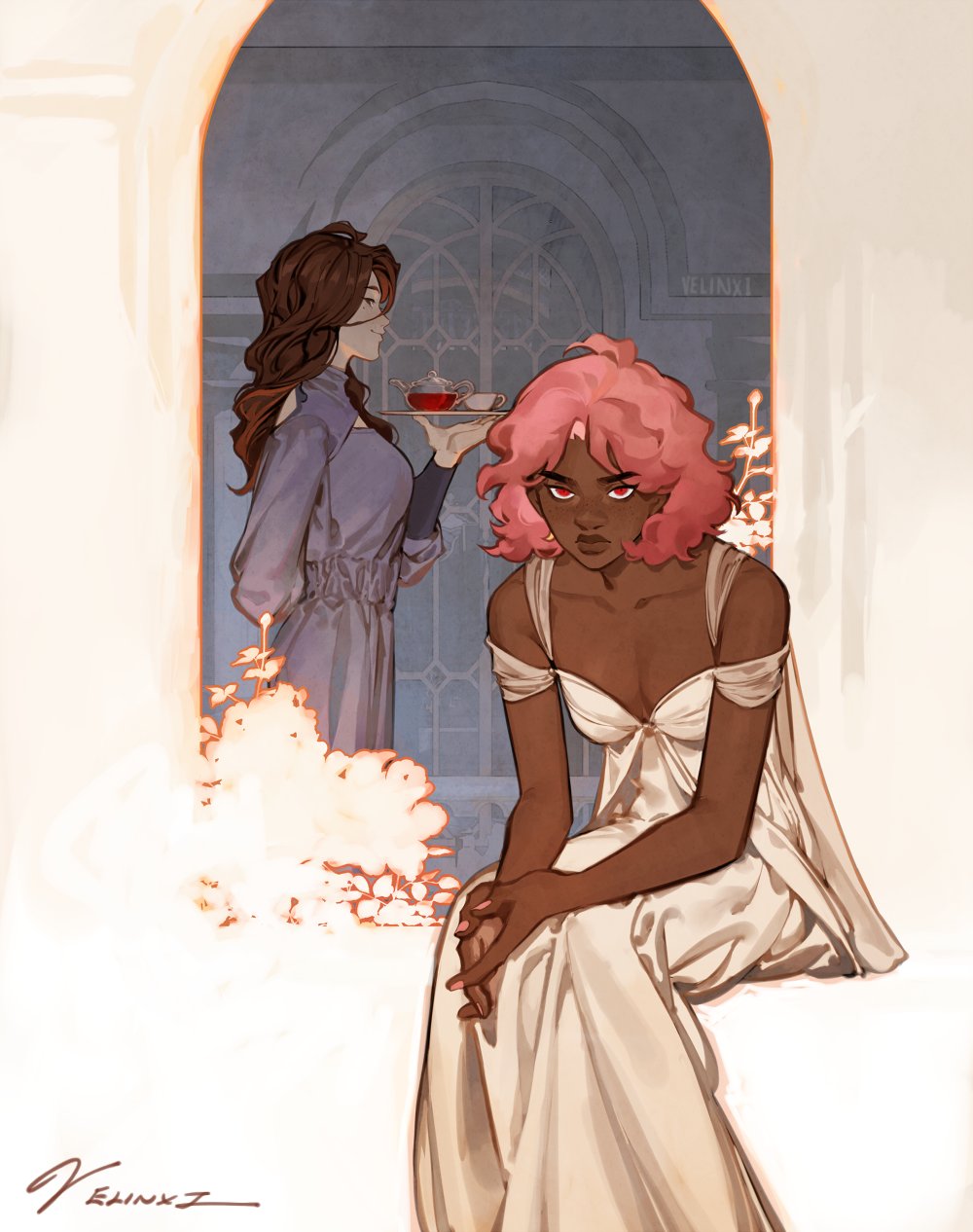a digital illustration depicts two women in an indoor setting. one woman with pink hair and red eyes is seated, wearing a white dress, looking thoughtful or serious. another woman with long brown hair, dressed in a purple dress, is standing behind her, holding a tea set on a tray. they are positioned in front of a large window with an arched frame. flowers and light fill the space. the style is reminiscent of anime, with detailed character designs and soft lighting.