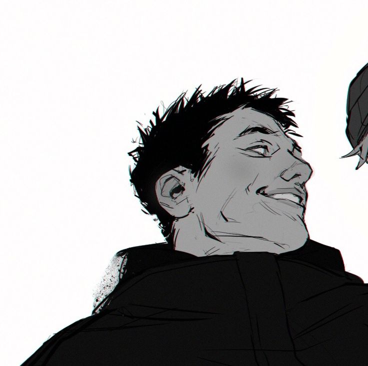 the image is a stylized black and white sketch or drawing of a man's head and shoulders.  the style is reminiscent of manga or graphic novel art, with a focus on strong lines, shading, and texture. the man has short, spiky hair and is depicted smiling happily, his head tilted slightly upwards. the background is plain white, emphasizing the subject. the drawing features a rough, almost grungelike texture in places.  a small portion of another person's head and hat are visible in the upper right corner.