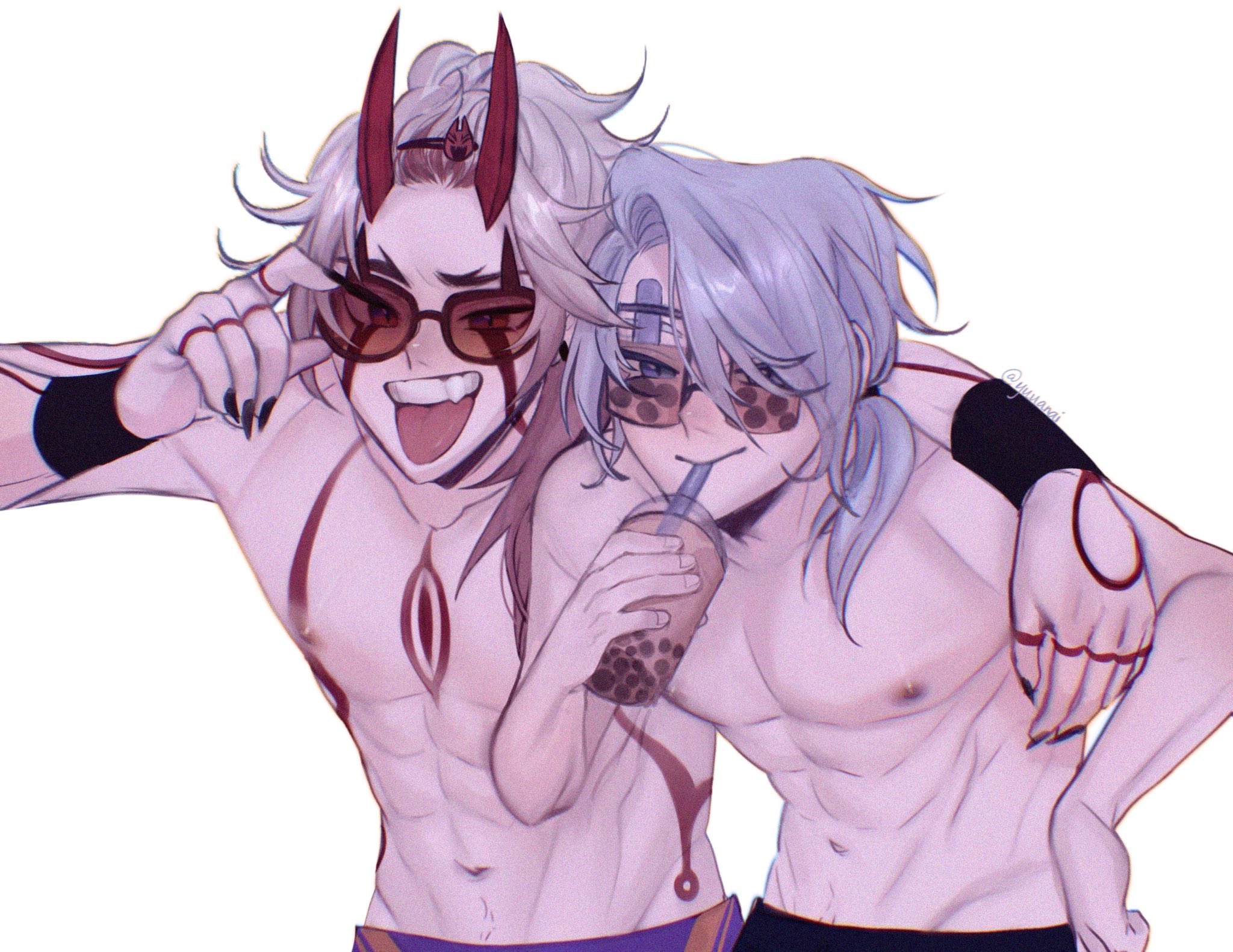 two shirtless anime characters,  one with red horns and black wristband, red glasses, red marks all over body, the other has white hair, black wristband, white polka dot glasses,  both have a smile. the one with red horns has his arm around the other character and the other character is holding a cup with a straw and drinking.