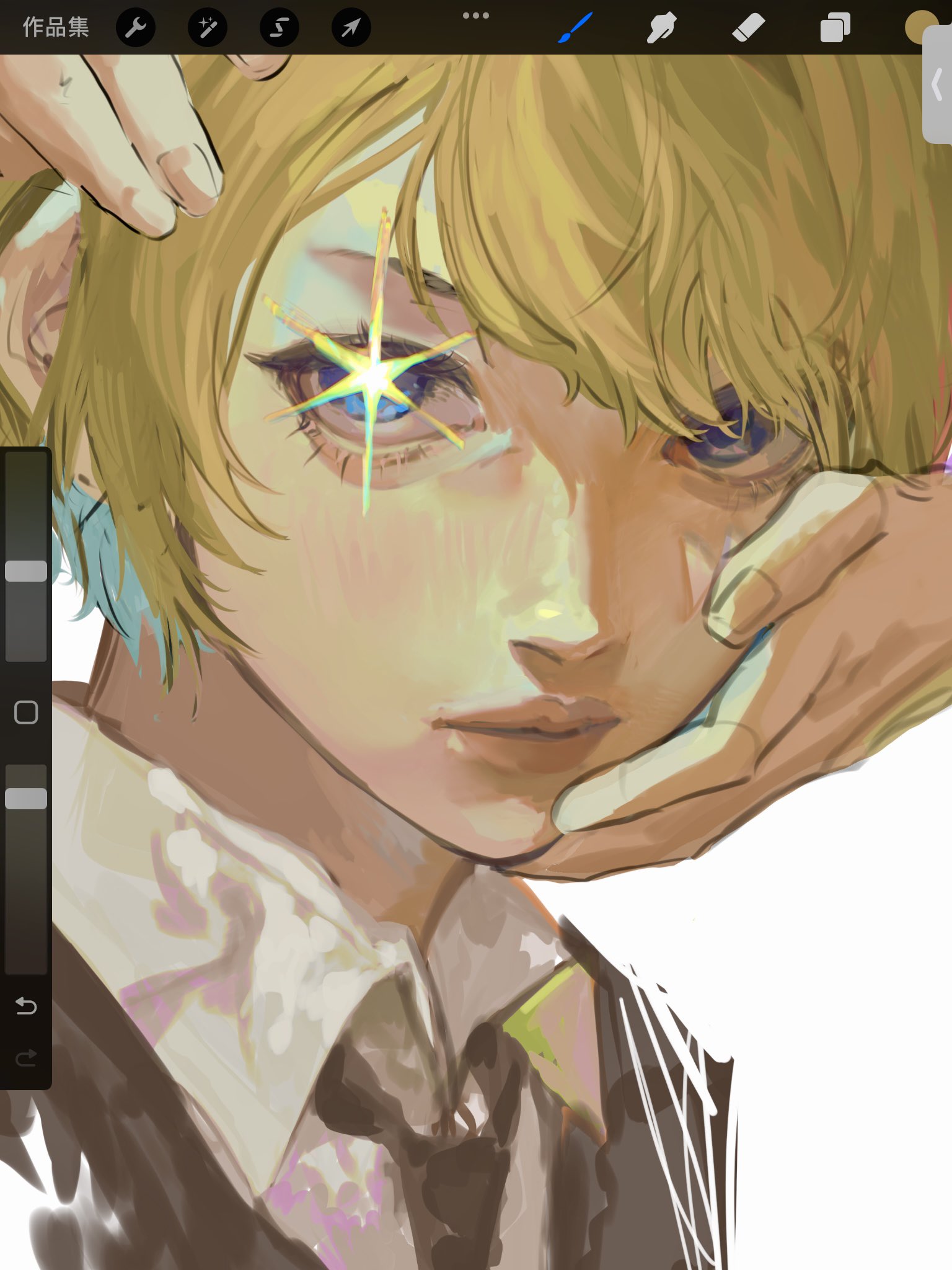 a digital illustration of a young anime male with blonde hair. the character is looking off to the side and his eyes are closed. he is wearing a suit and tie. there are colorful streaks of color in his left eye. he is covering his face with his hand. the background is simple, white with an outline of his hand and body.