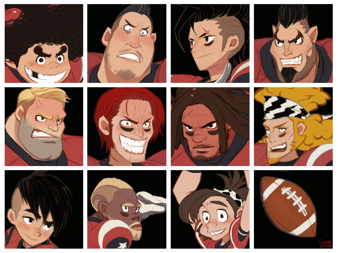 the image features a grid of 12 closeup illustrations of football players' faces. each player displays a unique appearance, with varying hairstyles, facial expressions, and ethnicities. the shared element is their red football uniforms, hinting at their team affiliation. the illustration style is cartoonish and expressive, capturing the energy and intensity of the sport.