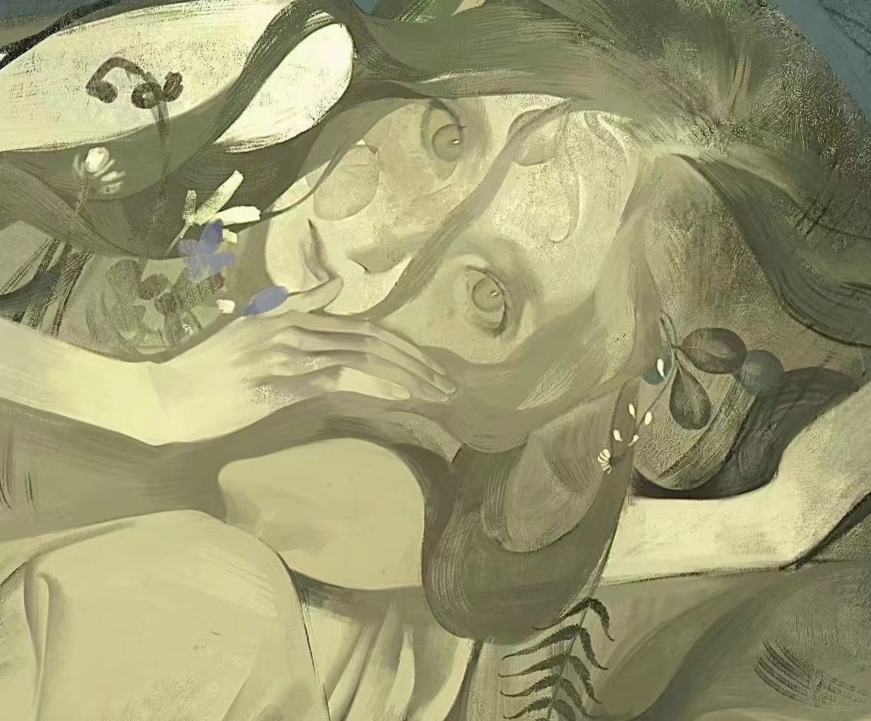 a surreal painting of a woman's face with flowers in her hair. the woman's eyes are open and she appears to be looking directly at the viewer. her skin is pale and her hair is dark. the flowers are a mix of blue, purple, and white, and they are arranged in a whimsical pattern. the painting is done in a loose, painterly style with a dreamlike quality. the background is blurry and undefined, suggesting a sense of mystery and fantasy.