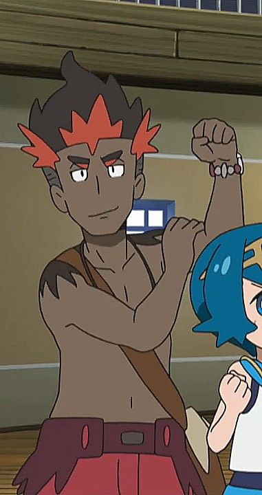 a cartoon anime male character is standing smiling with his arms bent in a confident pose. he has red and brown hair, a muscular physique, brown skin, and is wearing a red and brown outfit. he is wearing a brown belt with black buckles. to the right of him is a female cartoon anime character with blue hair wearing white and blue clothing. she is smiling, with her arms bent as she looks at the male character. they are both standing in front of a yellow wall with wooden planks above.