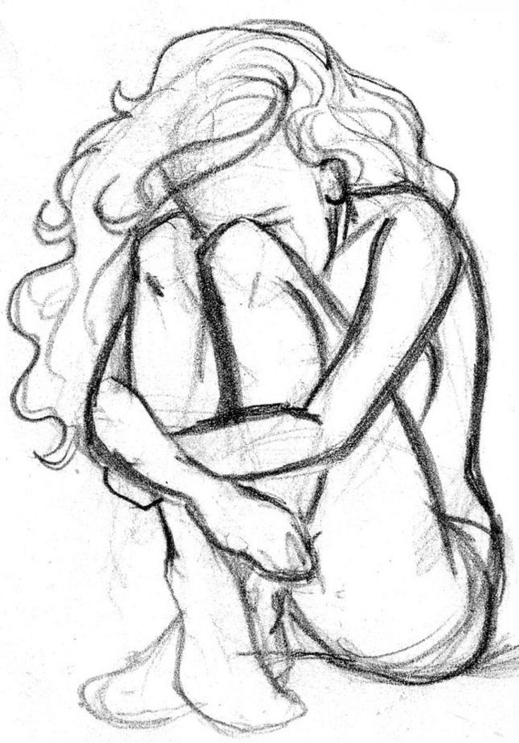 a pencil sketch of a woman sitting with her legs curled up to her chest, hugging herself and looking down. her hair is long, curly, and covers her face. she is wearing no clothes.  she is drawn in a realistic style with black lines on a white background.