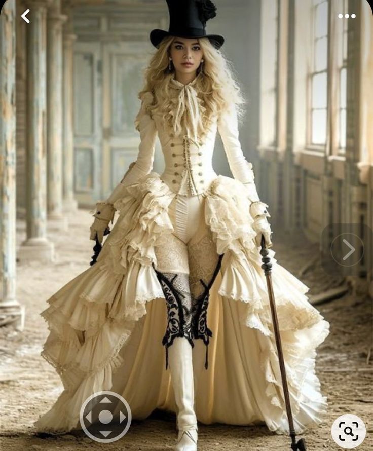 a woman in a beautiful white victorian dress is posing in a room. she is wearing a white corset with a long skirt and black lace detailing. her dress has a long, flowing train that appears to be partially gathered. she is also wearing a black hat with a feather and black boots, and is holding a wooden cane. she is looking down at the cane and her hair is long and blonde, falling to the top of her shoulders. the room has a grand look with columns and marble floors. the woman is creating a beautiful and elegant scene with the lighting and composition of the photo.