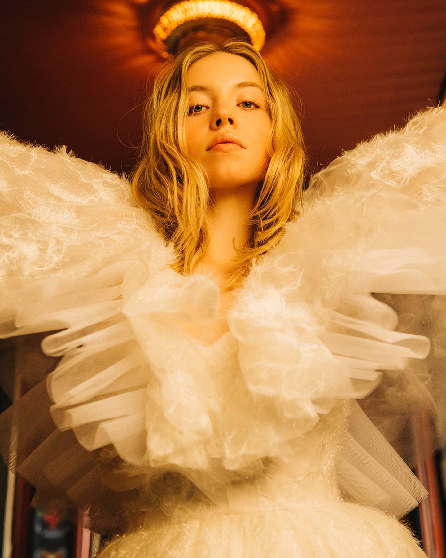 a lowangle, closeup shot of a blonde woman, seemingly a model, posing in a dramatic, ornate dress. the dress is primarily white or creamcolored tulle, featuring abundant ruffles and textured fabric that create a voluminous, almost ethereal look. the lighting is warm and golden, emphasizing the dress's texture and the model's features. the background is a blurred, dark reddishbrown, providing a contrast to the lightcolored dress. the woman's expression is serious and direct, as she gazes at the camera.  the overall aesthetic suggests a highfashion photoshoot or editorial image.