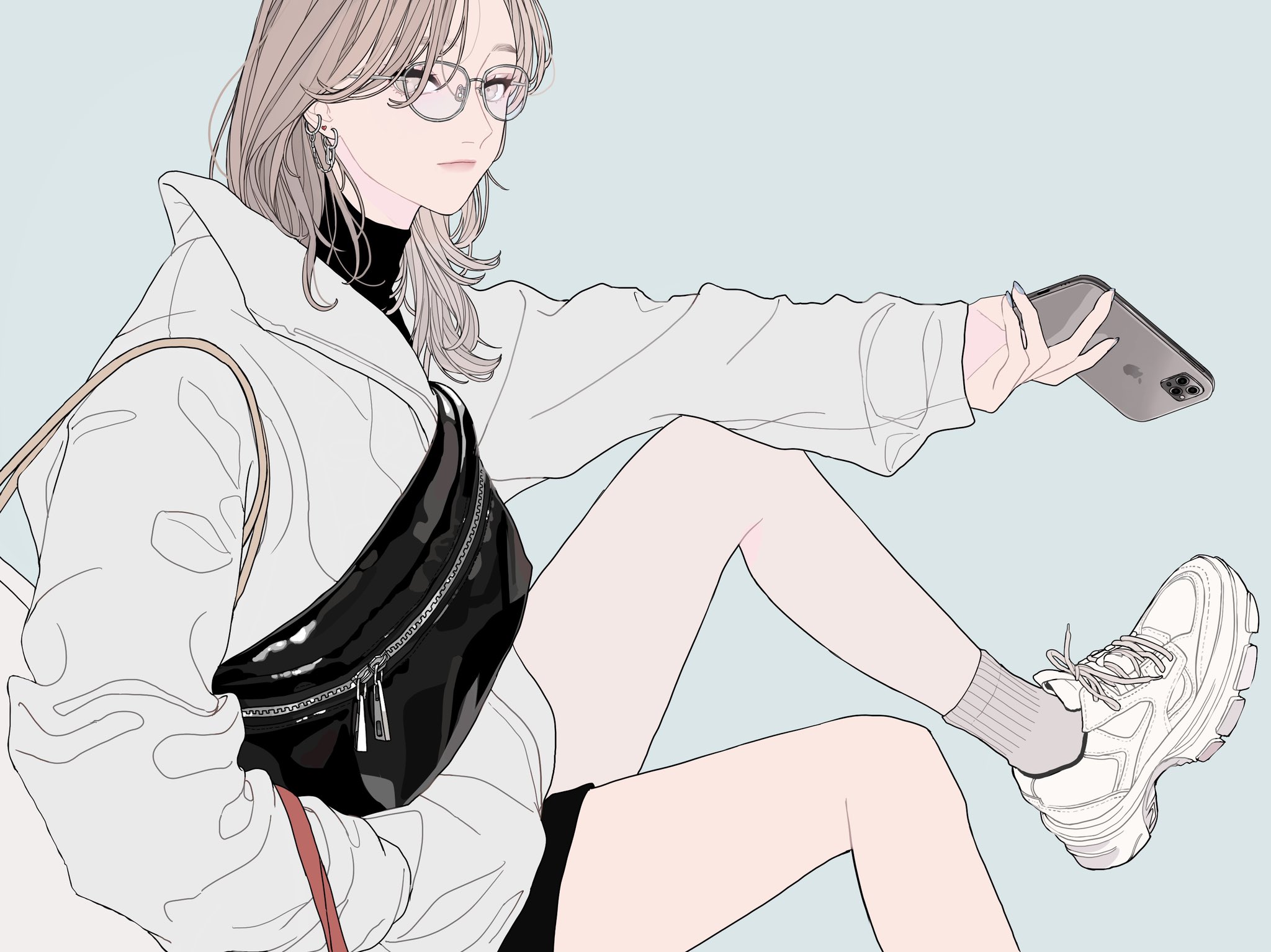 an illustration of a young woman with light brown hair wearing glasses, an earring, and a turtleneck. she has a white jacket on, with a black belt bag slung over her shoulder. she is holding a cell phone in her right hand, and she is wearing a white sneaker and grey sock on her right foot. the background is a light blue.