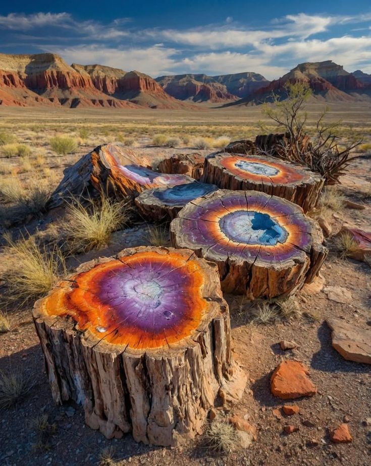 the image shows a desert landscape in the petrified forest of arizona, usa. in the foreground are several large petrified wood tree stumps, each displaying vibrant colors in concentric patterns of orange, purple, and blue. the stumps are set against a backdrop of arid terrain, with sparse grasses and scattered rocks. in the distance, redhued mesas and mountain formations rise, topped with beige layers. a partly cloudy blue sky completes the scene, adding depth and dimension to the landscape.