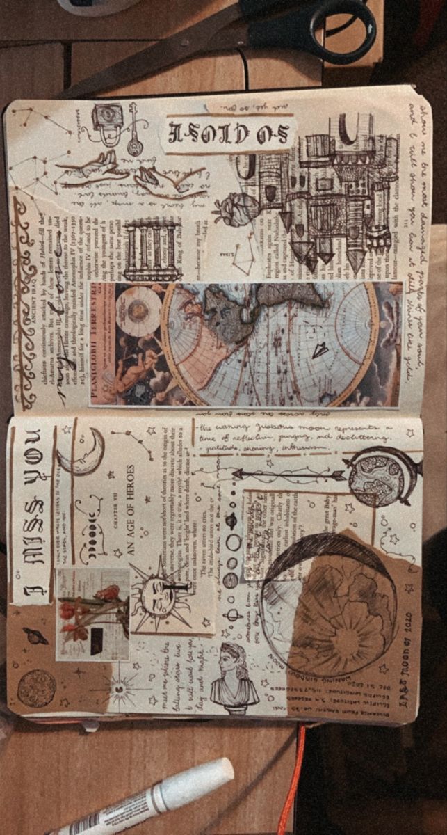 the image shows a vintagestyle art journal opened to a spread. the pages are filled with a collage of various elements, including drawings, doodles, stickers, and printed text. themes include celestial imagery, castles, hands, and antique maps. a pair of scissors and a marker are visible near the journal.