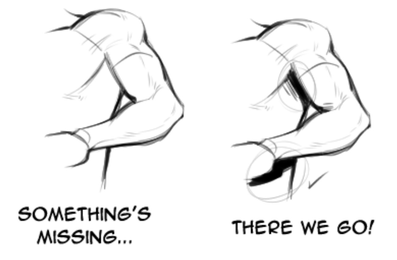 this image is a drawing tutorial showing how to draw a flexed arm. the left side of the image shows a basic arm, while the right side shows the same arm with muscles flexed. the right side is labelled "there we go!", while the left side is labelled "something's missing...".  the image is in black and white.