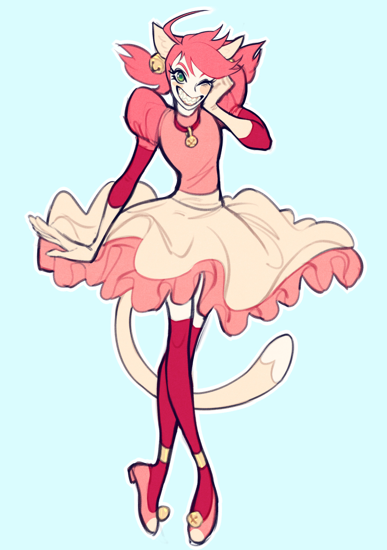 the image shows a cheerful catgirl with pink hair and a matching outfit. she is wearing a frilly pink dress, red stockings with gold accents, and red shoes with bells. she has a long white cat tail and cat ears with bells. the character is winking and appears lively and funloving. the background is a simple, pale blue.